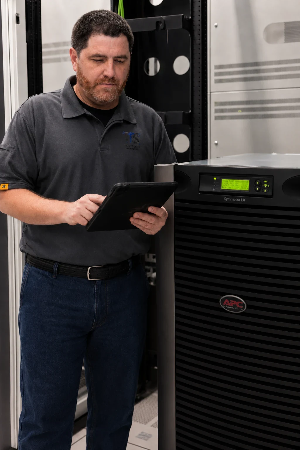Top Tech Solutions USA reviewing an APC Symmetra LX UPS system during a critical power assessment
