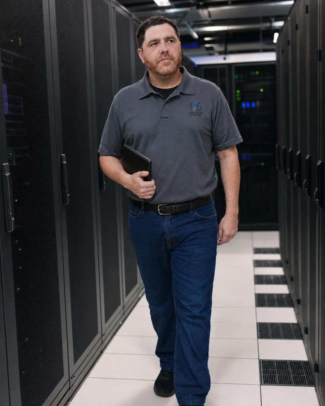 Top Tech Solutions USA walking through a data center during a critical power service visit