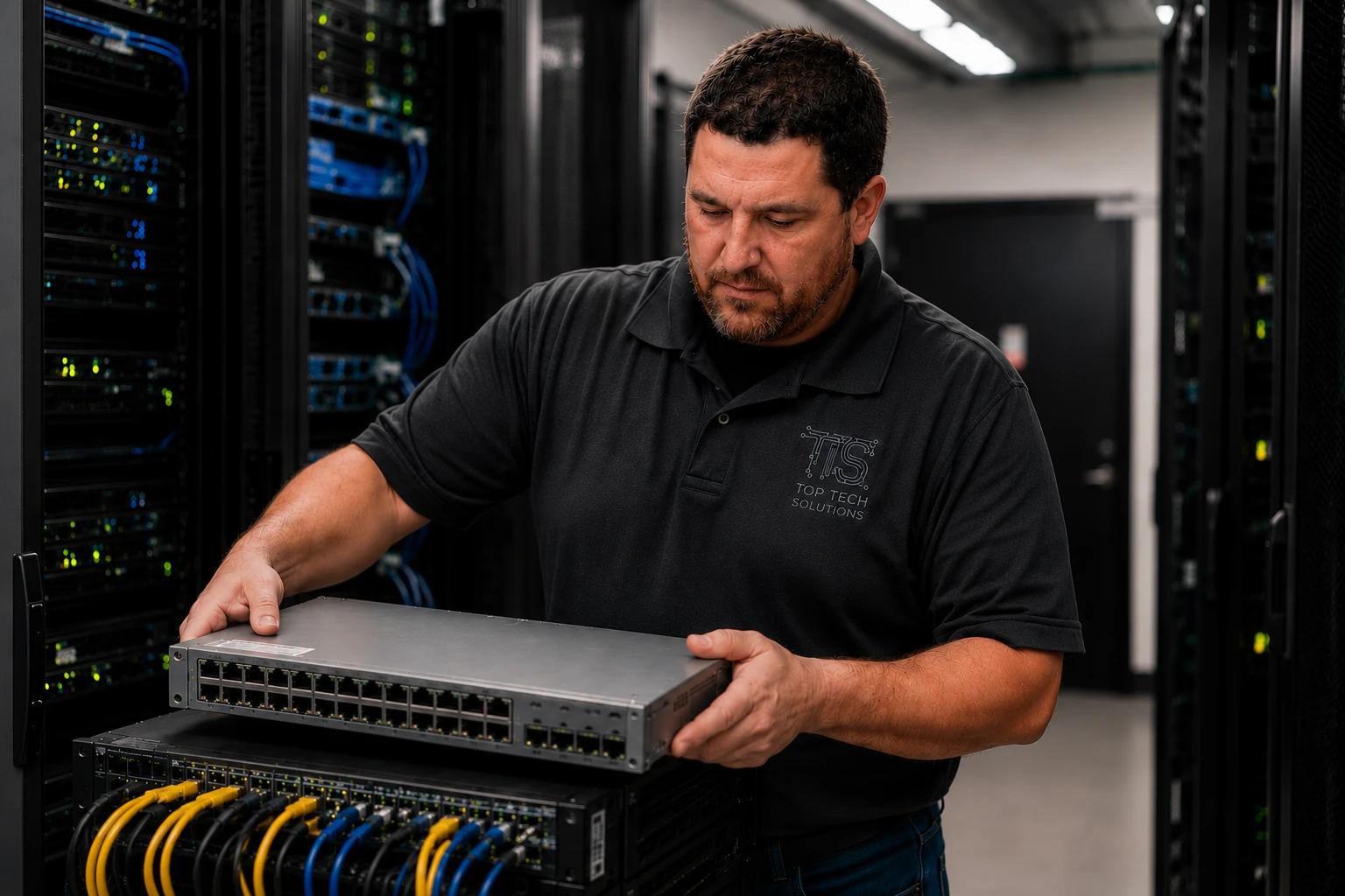Top Tech Solutions USA reviewing network room equipment during a service visit