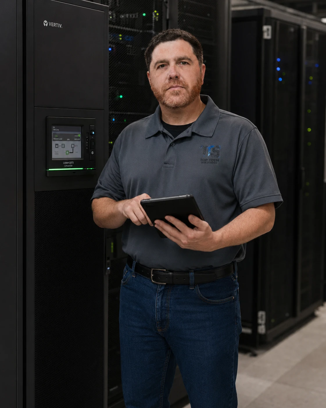 Top Tech Solutions USA reviewing a Vertiv Liebert UPS during an onsite critical power check